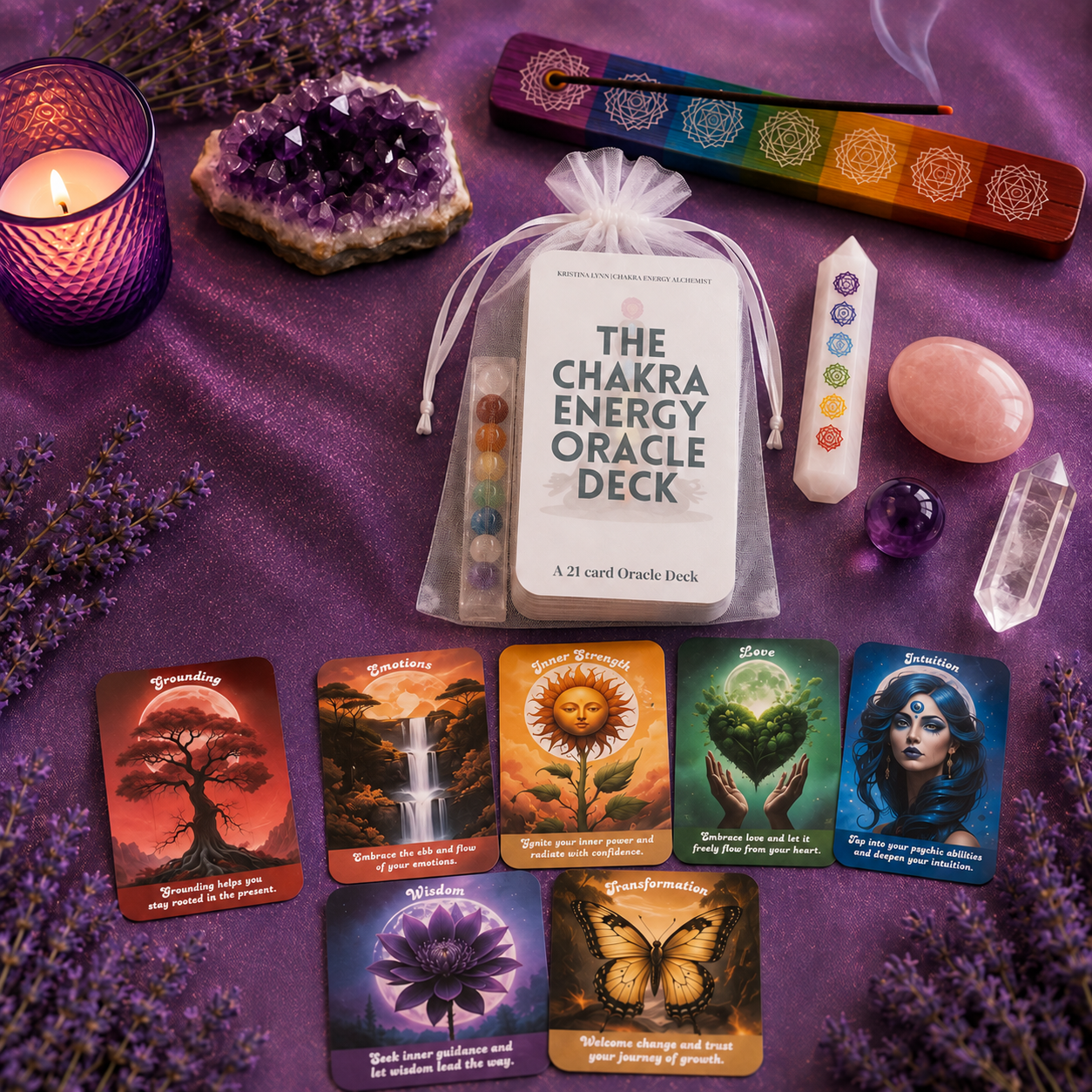 The 21-card Chakra Energy Oracle Deck displayed with its cards and crystals