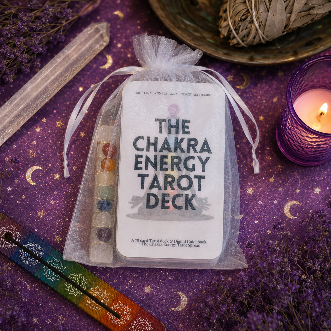 The Chakra Energy Tarot Deck displayed with its chakra crystal wand