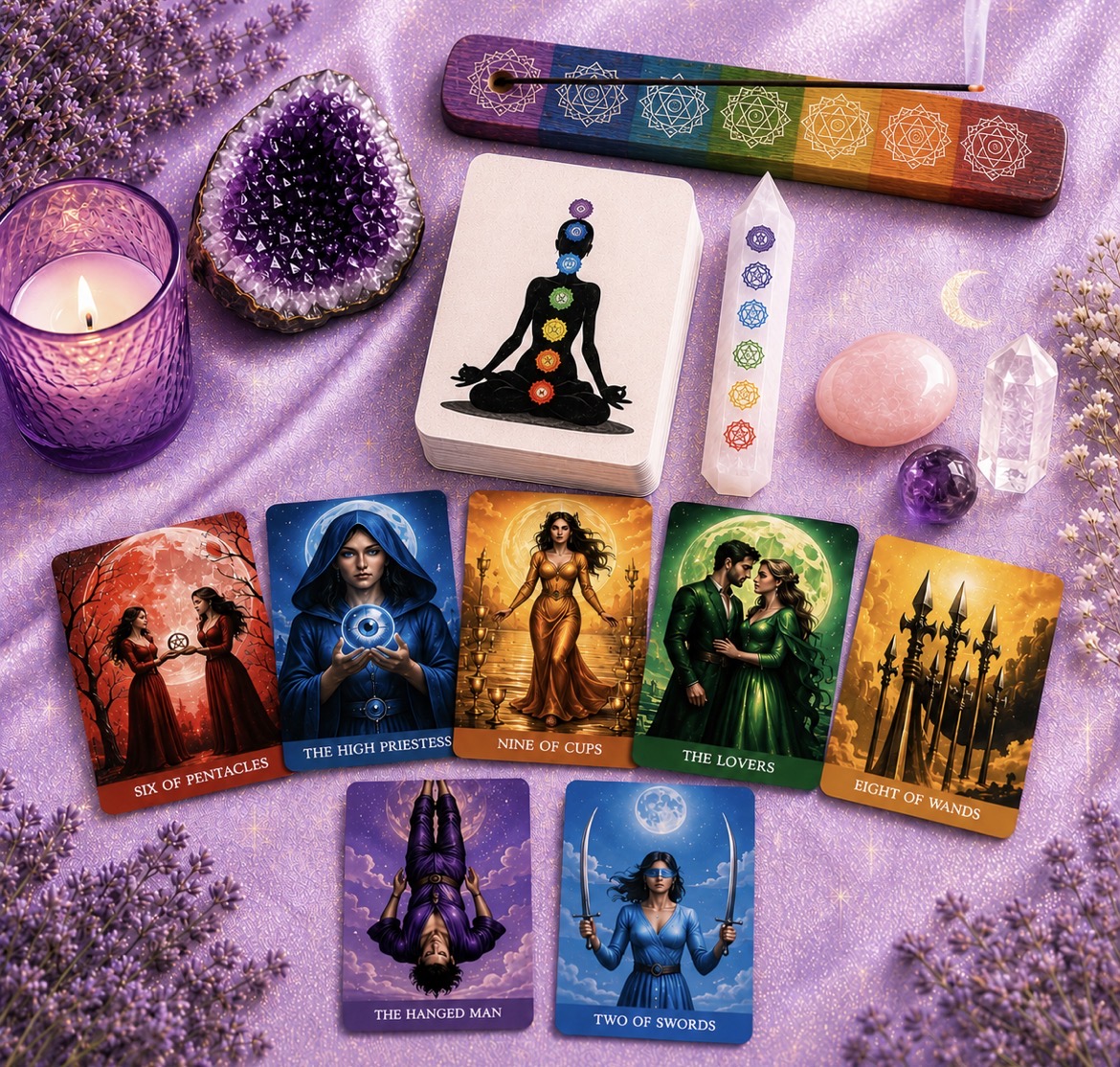 Chakra Energy Tarot deck with cards and crystals