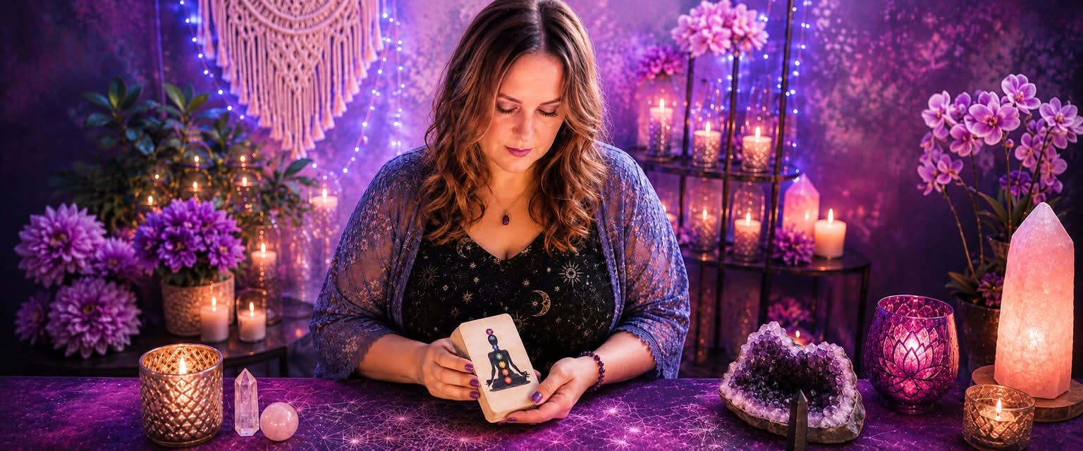 Kristina Lynn holding her real Chakra Energy Tarot deck at her reading table