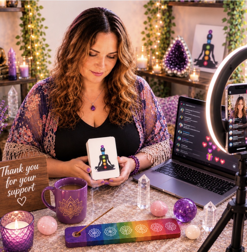 Kristina Lynn with her Tarot deck, computer, and ring light for live readings