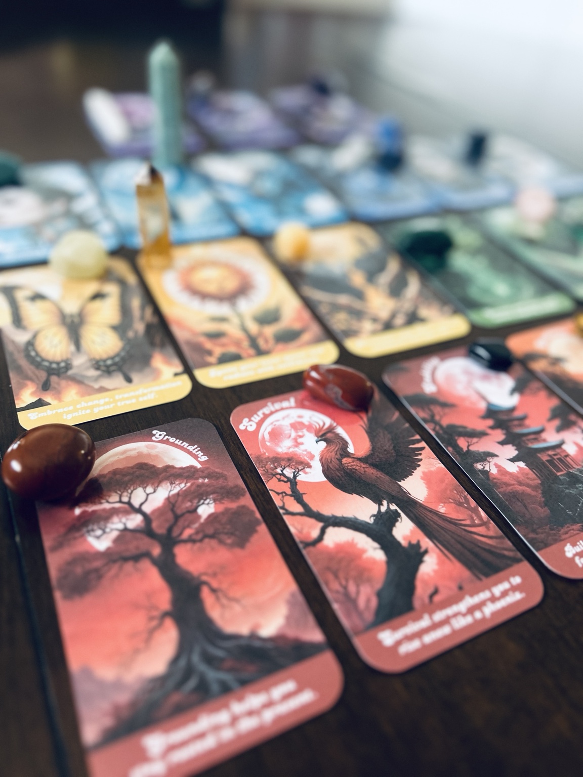 Close-up of Root and Sacral Chakra Oracle cards
