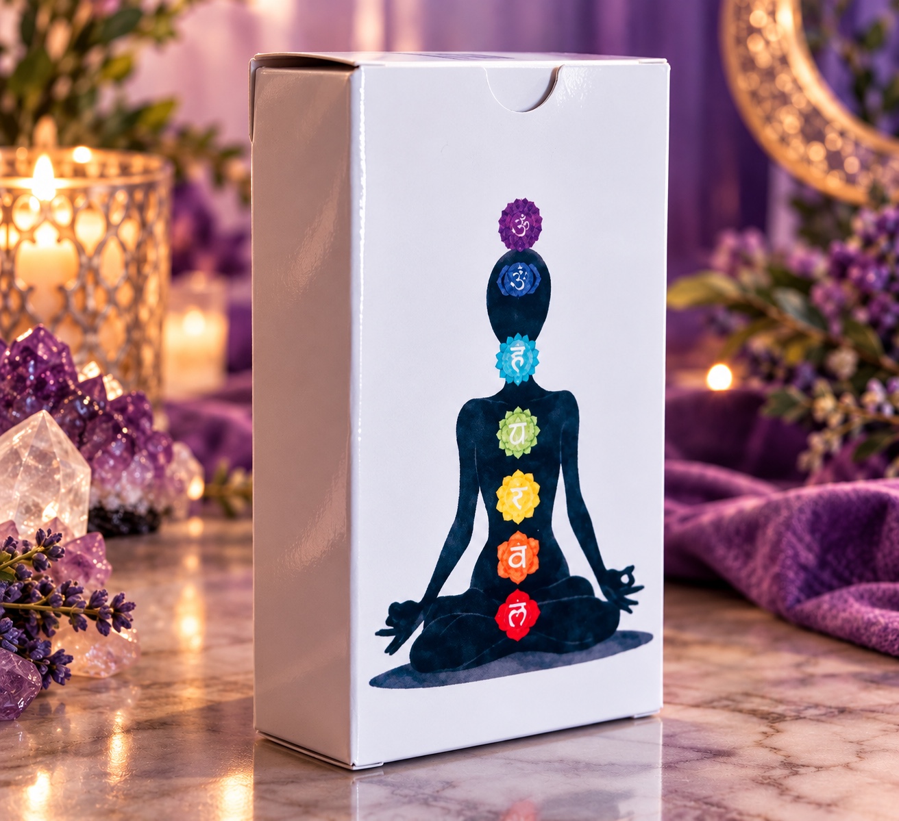 Back of the Chakra Energy Tarot Deck box on a purple table