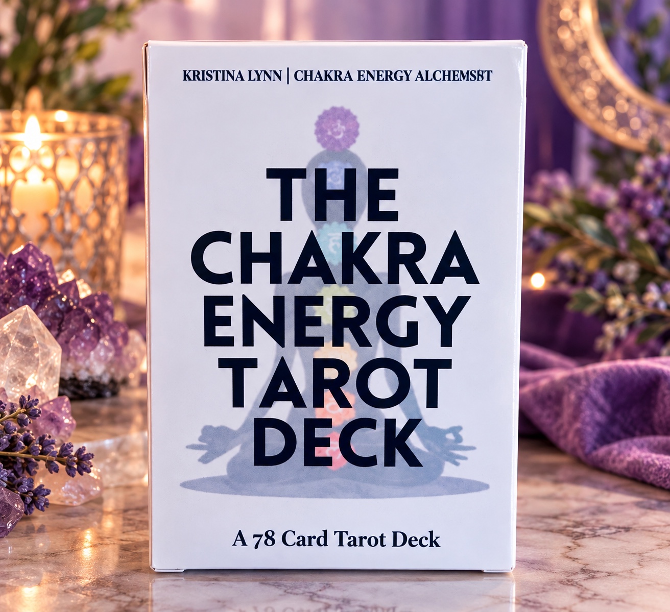 Front of the Chakra Energy Tarot Deck box on a purple table
