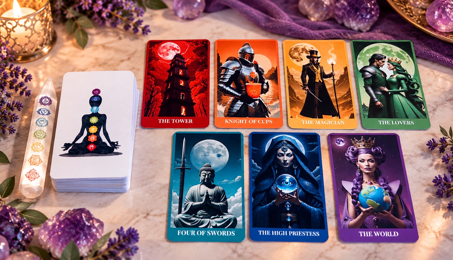 Kristina's Tarot deck and seven cards laid out on a purple reading table